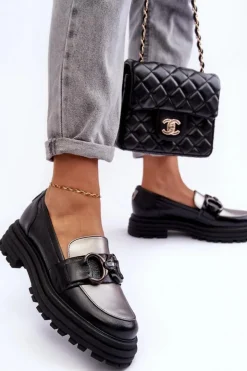 Sale Laura Messi Półbuty Loafersy Damskie Skórzane Na Płaskim Obcasie Czarne Elkiza Czarny