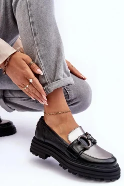 Sale Laura Messi Półbuty Loafersy Damskie Skórzane Na Płaskim Obcasie Czarne Elkiza Czarny