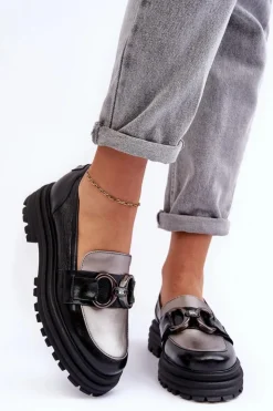 Sale Laura Messi Półbuty Loafersy Damskie Skórzane Na Płaskim Obcasie Czarne Elkiza Czarny