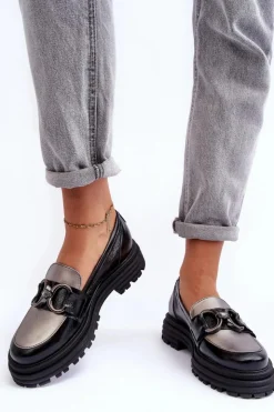 Sale Laura Messi Półbuty Loafersy Damskie Skórzane Na Płaskim Obcasie Czarne Elkiza Czarny