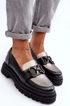 Sale Laura Messi Półbuty Loafersy Damskie Skórzane Na Płaskim Obcasie Czarne Elkiza Czarny