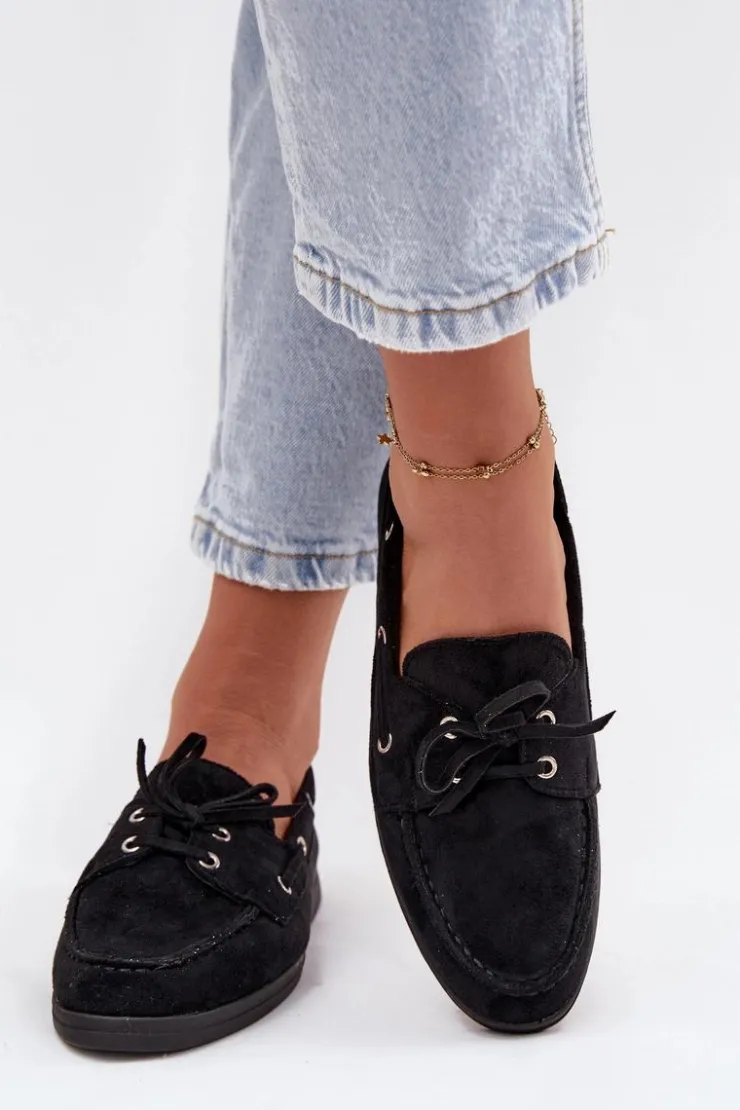 Boto Loafersy Damskie|Mokasyny Płaskie*Półbuty Mokasyny Damskie Z Wiązaniem Czarne Calivra Czarny