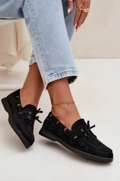 Boto Loafersy Damskie|Mokasyny Płaskie*Półbuty Mokasyny Damskie Z Wiązaniem Czarne Calivra Czarny