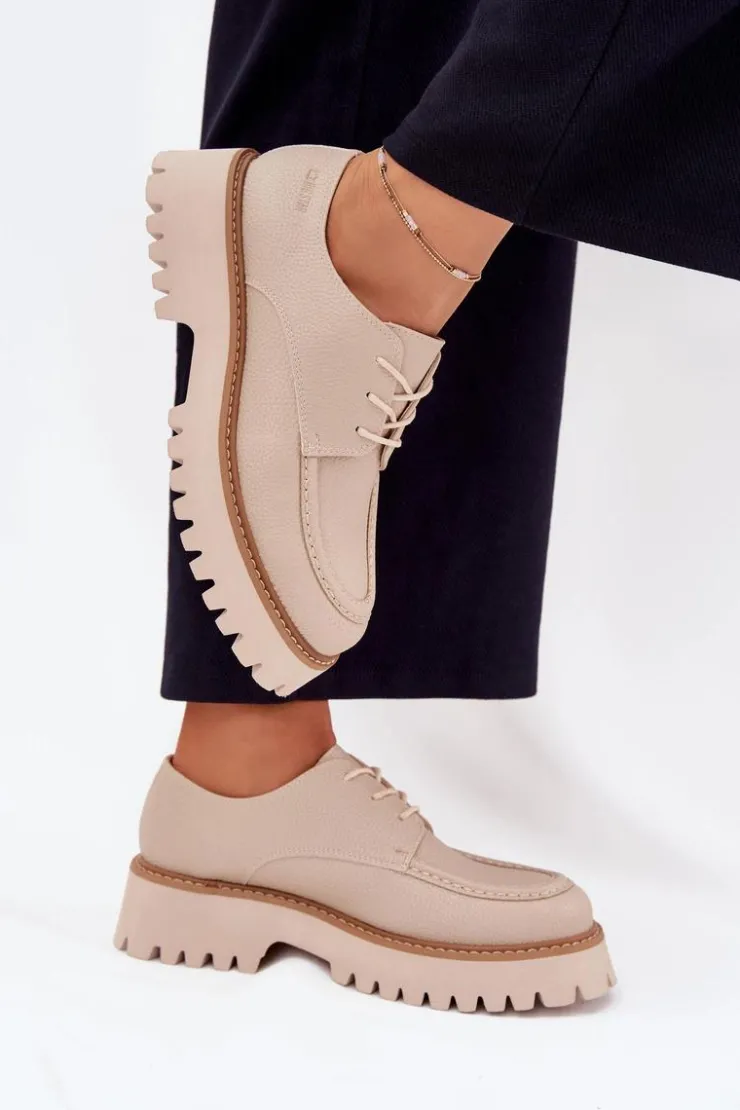 Clearance Big Star Shoes Półbuty Mokasyny Damskie Ze Sznurowaniem Big Star NN274053 Beżowe Beżowy