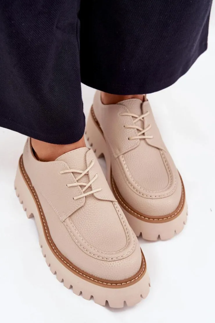 Clearance Big Star Shoes Półbuty Mokasyny Damskie Ze Sznurowaniem Big Star NN274053 Beżowe Beżowy