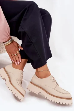 Clearance Big Star Shoes Półbuty Mokasyny Damskie Ze Sznurowaniem Big Star NN274053 Beżowe Beżowy