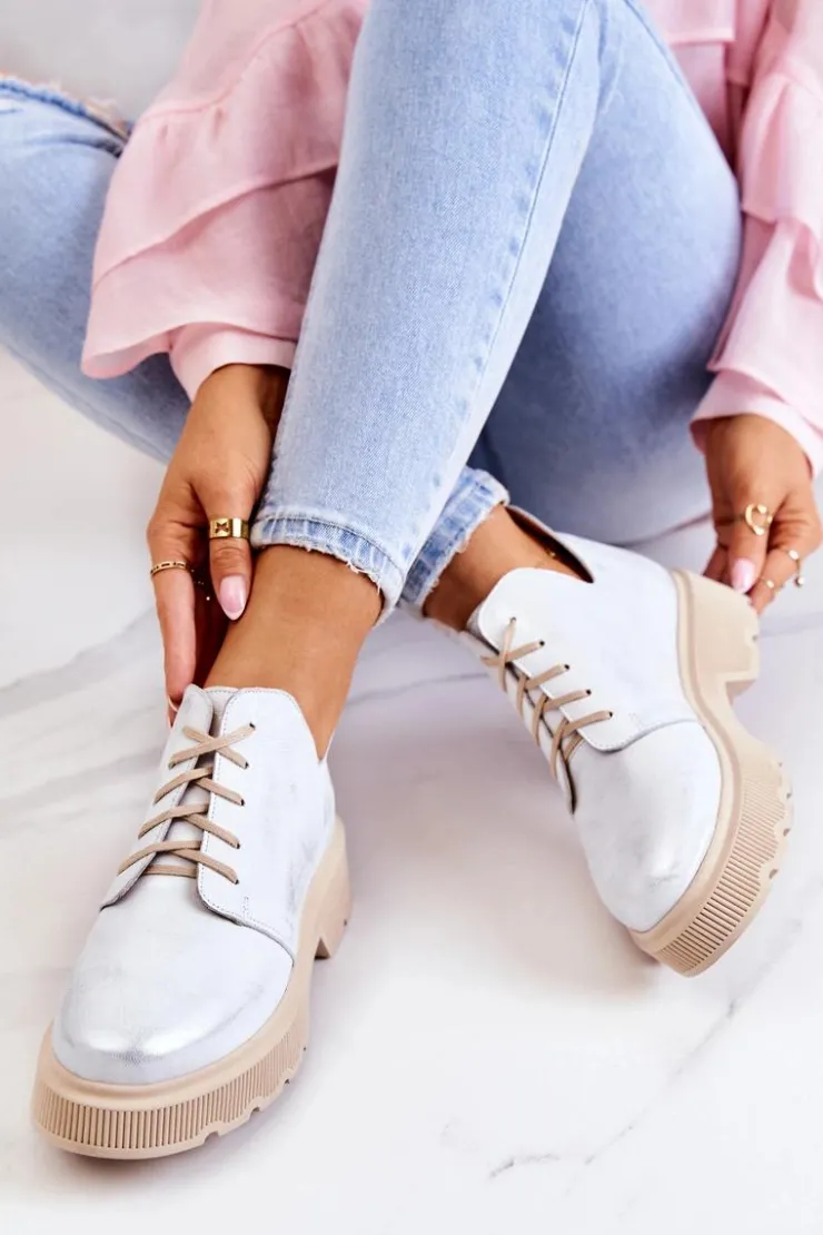 Boto Półbuty Na Masywnej Podeszwie Nicole 2701/005 Biało-Srebrne