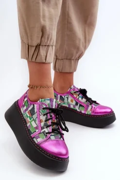 Maciejka Buty Sportowe Na Platformie*Półbuty Sneakersy Skórzane Damskie Na Platformie 06479-15 Fuksja