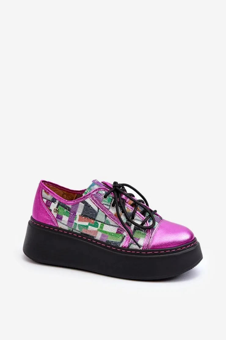Maciejka Buty Sportowe Na Platformie*Półbuty Sneakersy Skórzane Damskie Na Platformie 06479-15 Fuksja