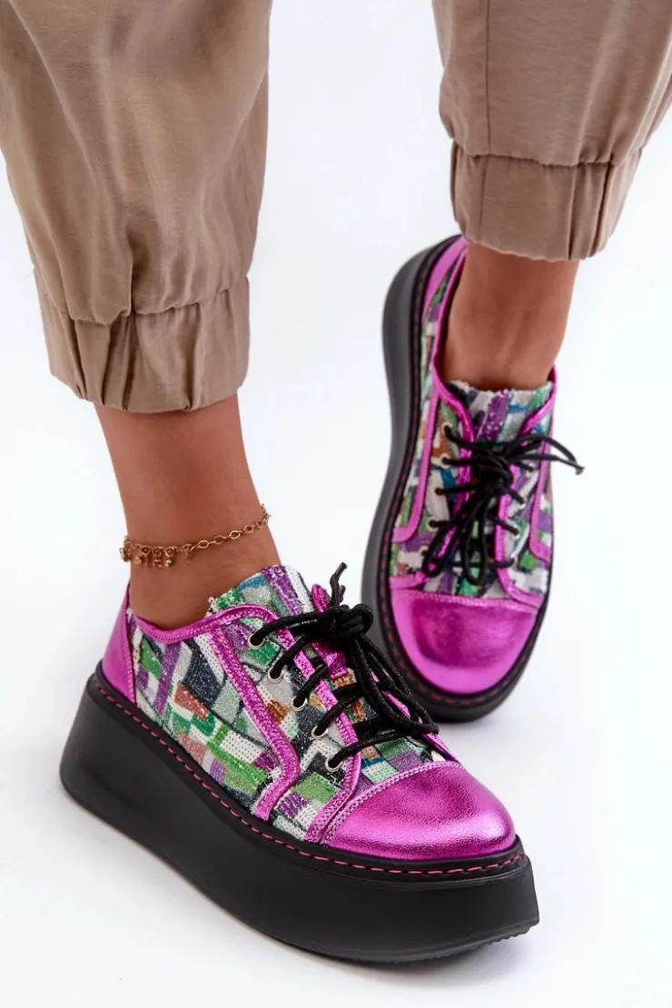 Maciejka Buty Sportowe Na Platformie*Półbuty Sneakersy Skórzane Damskie Na Platformie 06479-15 Fuksja