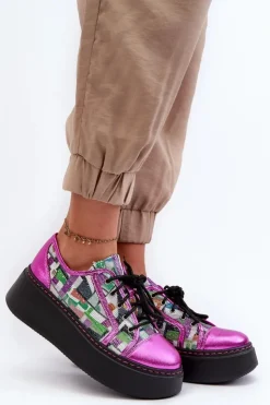 Maciejka Buty Sportowe Na Platformie*Półbuty Sneakersy Skórzane Damskie Na Platformie 06479-15 Fuksja
