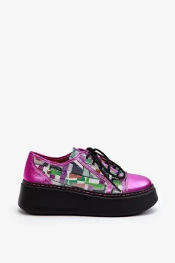 Maciejka Buty Sportowe Na Platformie*Półbuty Sneakersy Skórzane Damskie Na Platformie 06479-15 Fuksja