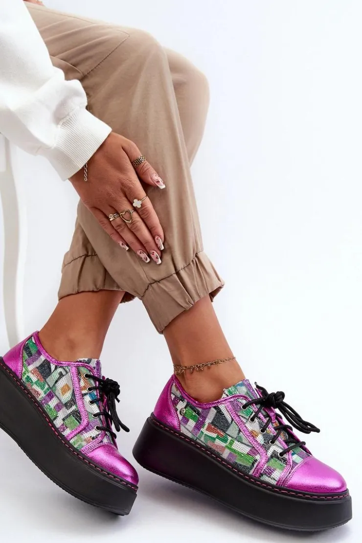 Maciejka Buty Sportowe Na Platformie*Półbuty Sneakersy Skórzane Damskie Na Platformie 06479-15 Fuksja