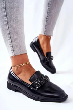 Boto Mokasyny Damskie Skórzane*Półbuty Z Ozdobnym Paskiem Czarne Valisso