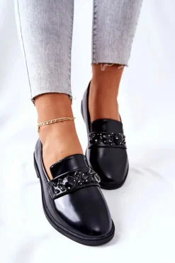 Boto Mokasyny Damskie Skórzane*Półbuty Z Ozdobnym Paskiem Czarne Valisso