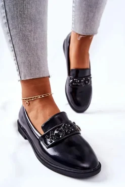 Boto Mokasyny Damskie Skórzane*Półbuty Z Ozdobnym Paskiem Czarne Valisso