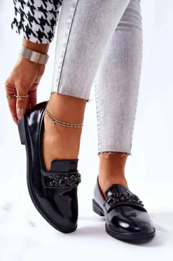 Boto Mokasyny Damskie Skórzane*Półbuty Z Ozdobnym Paskiem Czarne Valisso