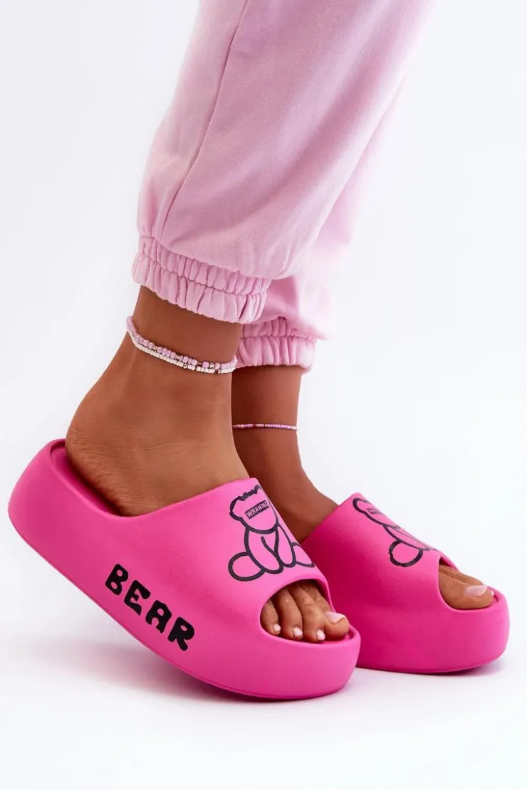 Boto Klapki Basenowe|Klapki Na Platformie*Piankowe Klapki Damskie Na Masywnej Podeszwie Z Misiem Fuksja Lamira Różowy