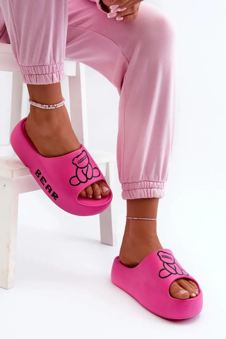 Boto Klapki Basenowe|Klapki Na Platformie*Piankowe Klapki Damskie Na Masywnej Podeszwie Z Misiem Fuksja Lamira Różowy