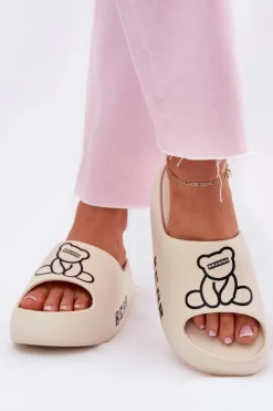 Outlet Boto Piankowe Klapki Damskie Na Masywnej Podeszwie Z Misiem Jasnobeżowe Lamira