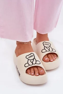 Outlet Boto Piankowe Klapki Damskie Na Masywnej Podeszwie Z Misiem Jasnobeżowe Lamira