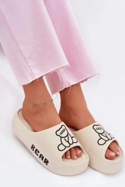 Outlet Boto Piankowe Klapki Damskie Na Masywnej Podeszwie Z Misiem Jasnobeżowe Lamira