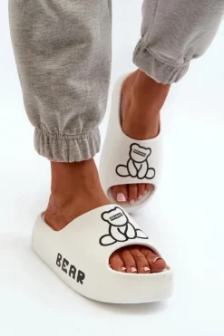 Hot Boto Piankowe Klapki Damskie Na Masywnej Podeszwie Z Misiem Białe Lamira Biały