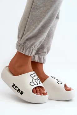 Hot Boto Piankowe Klapki Damskie Na Masywnej Podeszwie Z Misiem Białe Lamira Biały