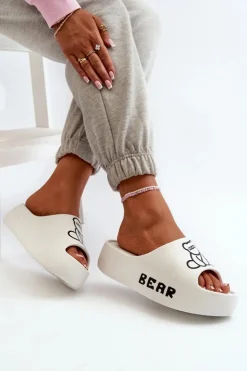 Hot Boto Piankowe Klapki Damskie Na Masywnej Podeszwie Z Misiem Białe Lamira Biały