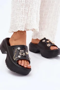 Damskie Boto Piankowe Klapki Damskie Na Masywnej Platformie Ze Złotymi Przypinkami Czarne Ivoriel