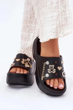 Damskie Boto Piankowe Klapki Damskie Na Masywnej Platformie Ze Złotymi Przypinkami Czarne Ivoriel