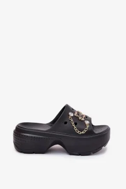 Damskie Boto Piankowe Klapki Damskie Na Masywnej Platformie Ze Złotymi Przypinkami Czarne Ivoriel