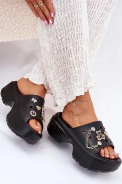 Damskie Boto Piankowe Klapki Damskie Na Masywnej Platformie Ze Złotymi Przypinkami Czarne Ivoriel