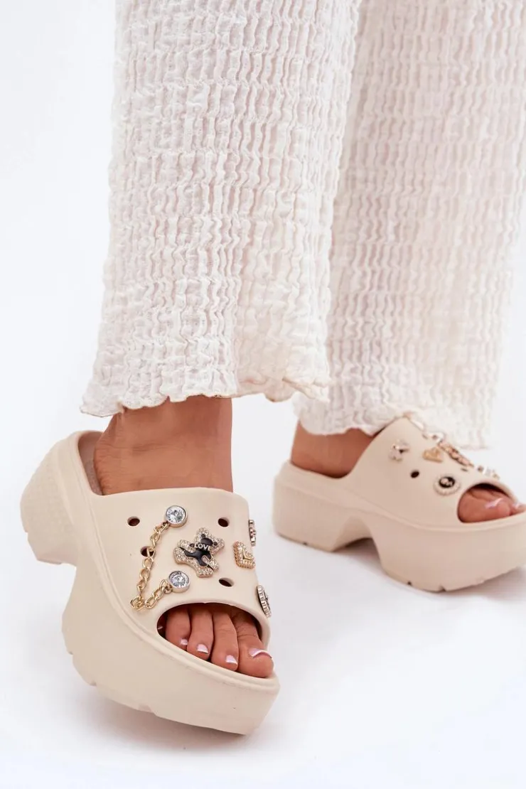 Boto Klapki Basenowe|Klapki Na Platformie*Piankowe Klapki Damskie Na Masywnej Platformie Ze Złotymi Przypinkami Beżowe Ivoriel