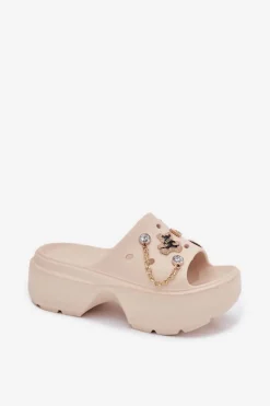 Boto Klapki Basenowe|Klapki Na Platformie*Piankowe Klapki Damskie Na Masywnej Platformie Ze Złotymi Przypinkami Beżowe Ivoriel