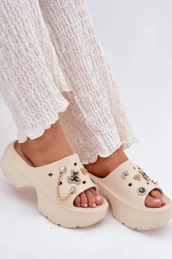 Boto Klapki Basenowe|Klapki Na Platformie*Piankowe Klapki Damskie Na Masywnej Platformie Ze Złotymi Przypinkami Beżowe Ivoriel