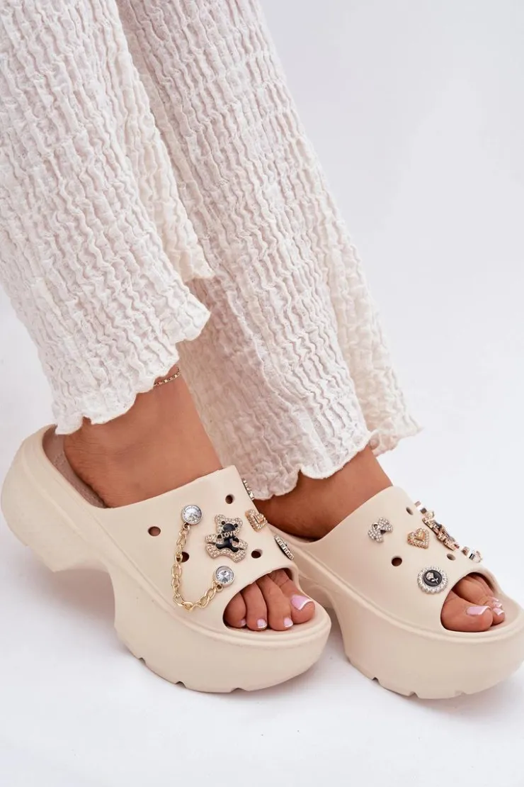 Boto Klapki Basenowe|Klapki Na Platformie*Piankowe Klapki Damskie Na Masywnej Platformie Ze Złotymi Przypinkami Beżowe Ivoriel