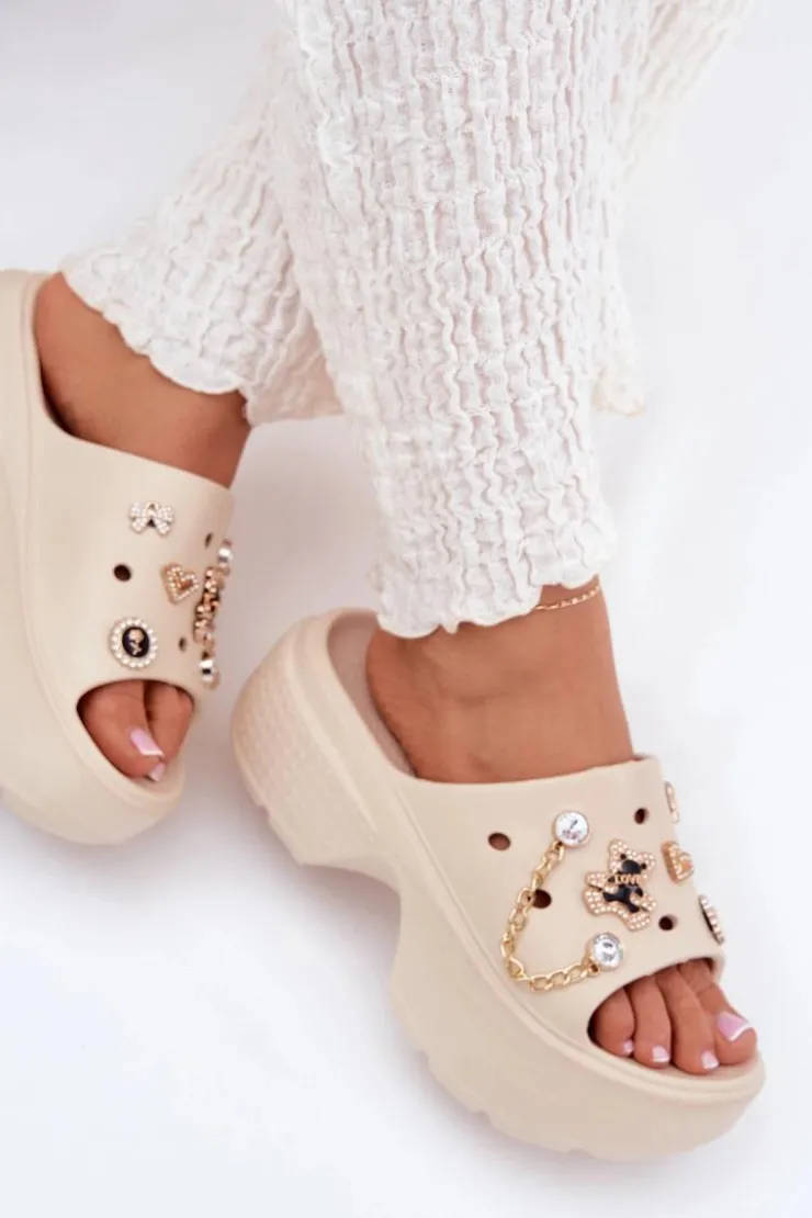 Boto Klapki Basenowe|Klapki Na Platformie*Piankowe Klapki Damskie Na Masywnej Platformie Ze Złotymi Przypinkami Beżowe Ivoriel