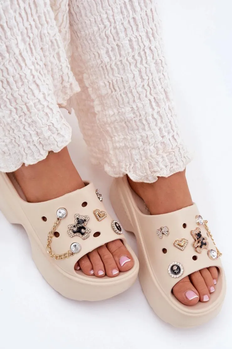 Boto Klapki Basenowe|Klapki Na Platformie*Piankowe Klapki Damskie Na Masywnej Platformie Ze Złotymi Przypinkami Beżowe Ivoriel