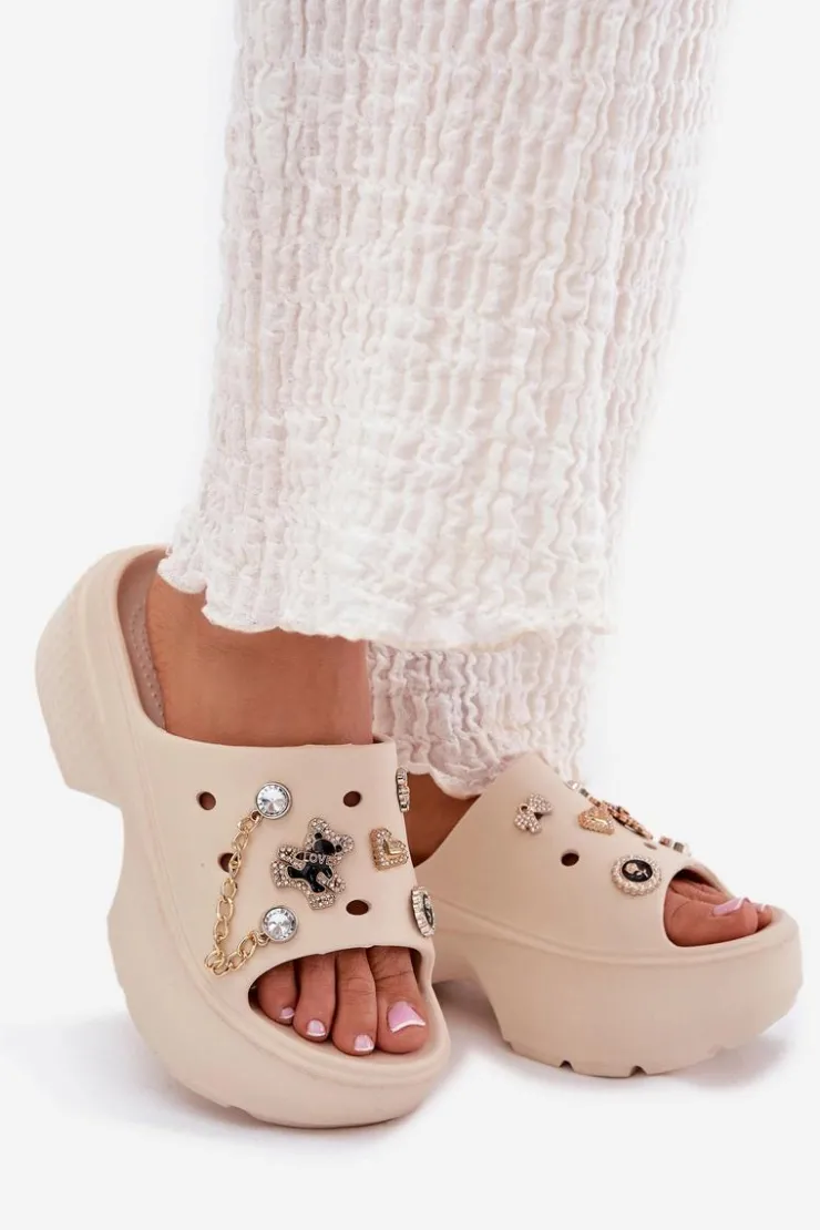 Boto Klapki Basenowe|Klapki Na Platformie*Piankowe Klapki Damskie Na Masywnej Platformie Ze Złotymi Przypinkami Beżowe Ivoriel