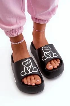 Boto Klapki Basenowe|Klapki Na Platformie*Piankowe Klapki Damskie Na Masywnej Podeszwie Z Misiem Czarne Lamira