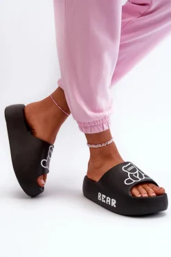 Boto Klapki Basenowe|Klapki Na Platformie*Piankowe Klapki Damskie Na Masywnej Podeszwie Z Misiem Czarne Lamira