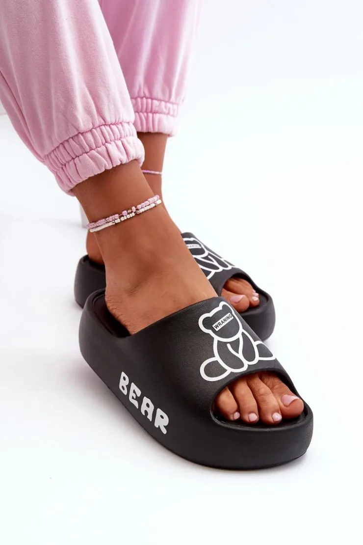 Boto Klapki Basenowe|Klapki Na Platformie*Piankowe Klapki Damskie Na Masywnej Podeszwie Z Misiem Czarne Lamira