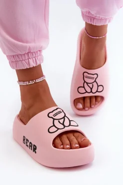 Damskie Boto Piankowe Klapki Damskie Na Masywnej Podeszwie Z Misiem Różowe Lamira