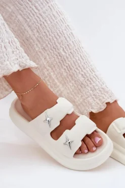 Outlet Boto Piankowe Klapki Damskie Na Platformie Ecru Falowena Biały