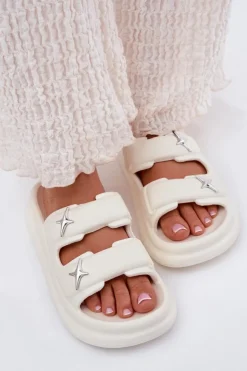 Outlet Boto Piankowe Klapki Damskie Na Platformie Ecru Falowena Biały