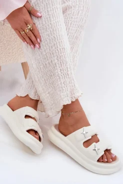 Outlet Boto Piankowe Klapki Damskie Na Platformie Ecru Falowena Biały