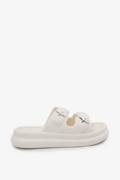 Outlet Boto Piankowe Klapki Damskie Na Platformie Ecru Falowena Biały