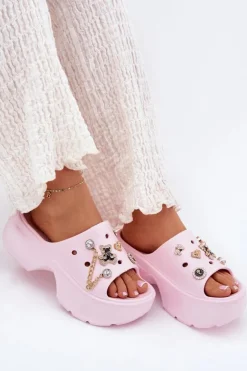 Damskie Boto Piankowe Klapki Damskie Na Masywnej Platformie Ze Złotymi Przypinkami Różowe Ivoriel