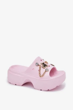 Damskie Boto Piankowe Klapki Damskie Na Masywnej Platformie Ze Złotymi Przypinkami Różowe Ivoriel